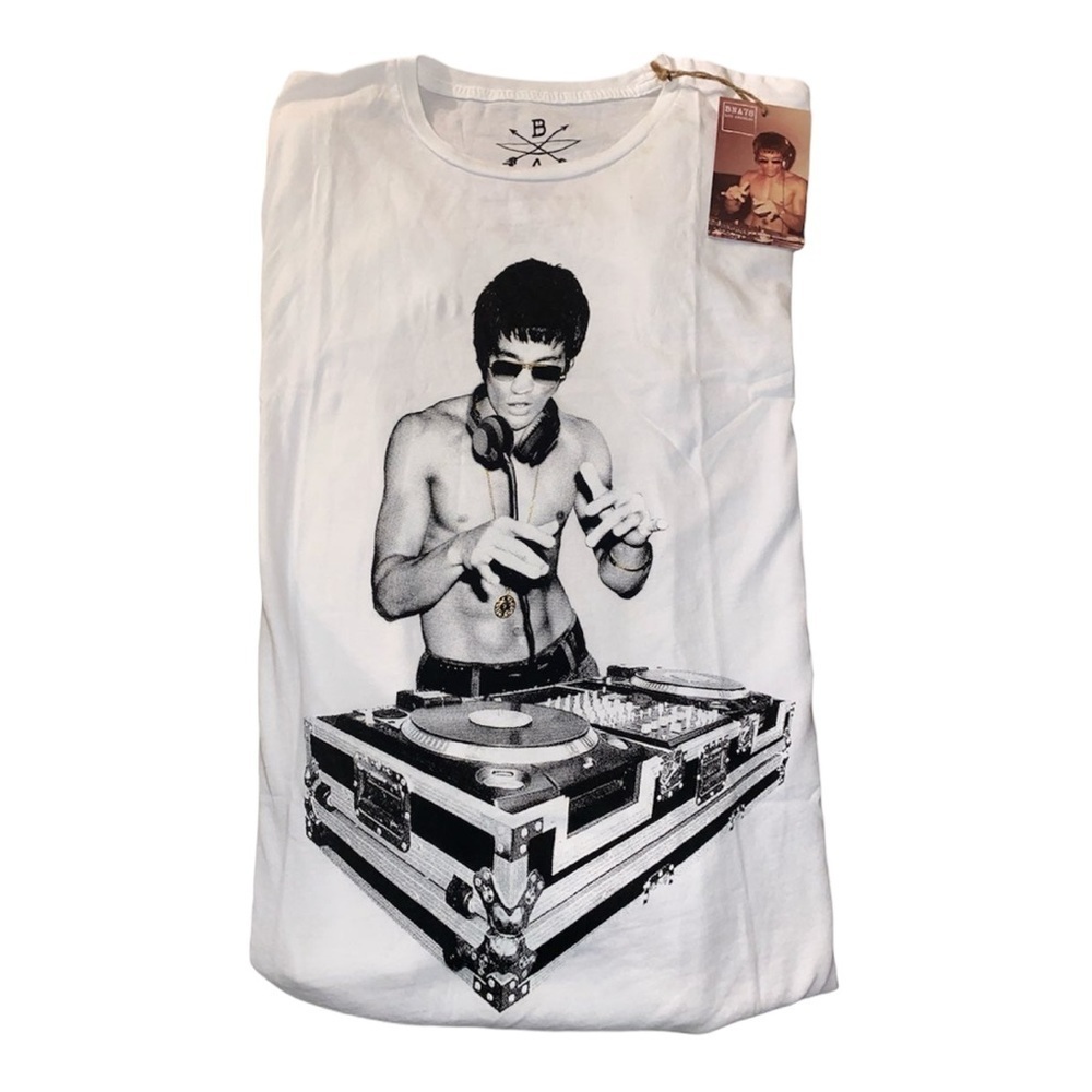 Bruce Lee T-shirt DJ Mens White crew Neck Short Sleeve Casual Pullover M